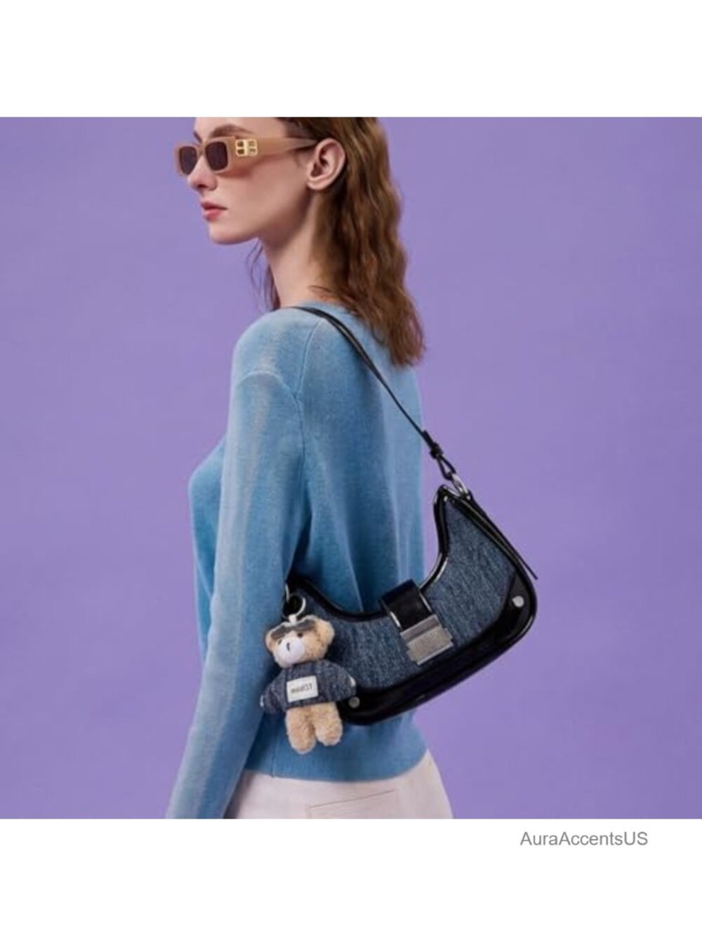 Denim & Leather Patchwork Shoulder Bag Vintage Satchel with Bear Charm - Picture 2 of 6